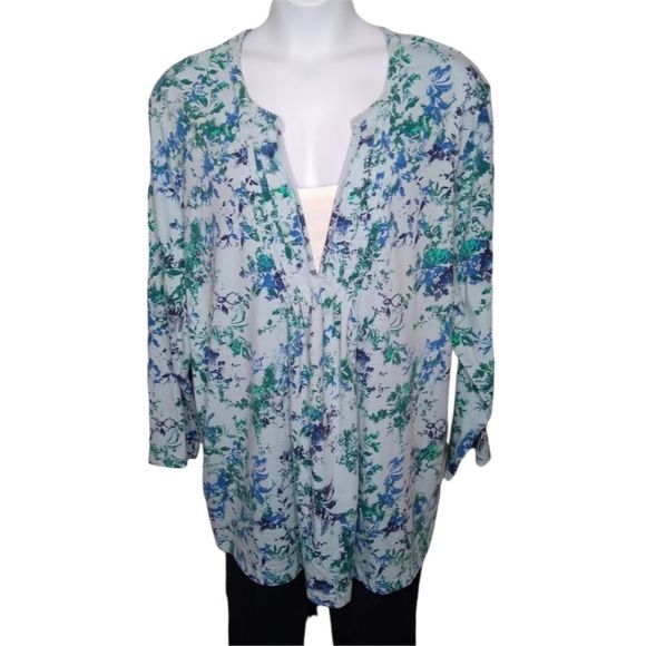 Woman Within Tops - WOMAN WITHIN Cotton Knit TAB SLEEVE Blue Floral TUNIC Size 4X